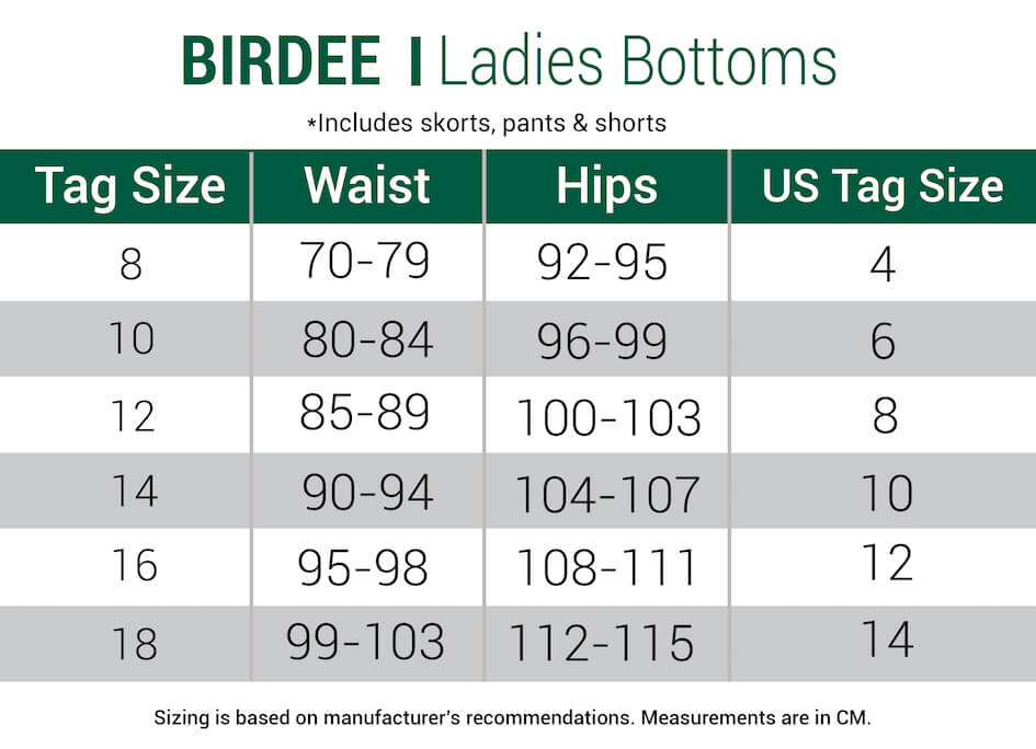 birdeegolf-shorts-womens size chart