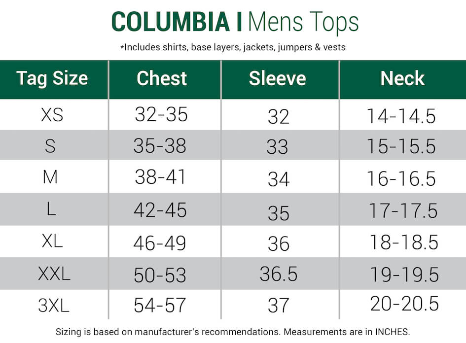 Columbia Men S Size Chart