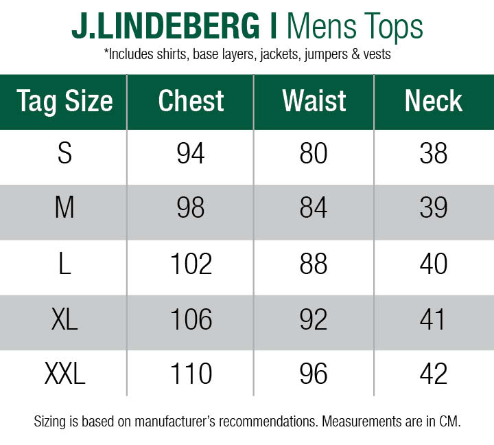 J Lindeberg Shirt Size Chart