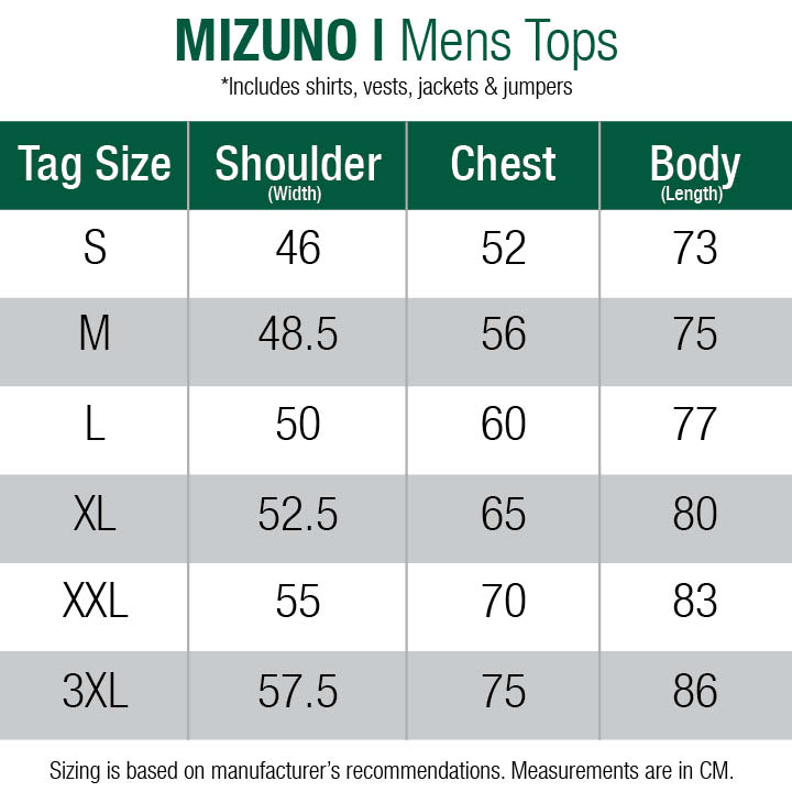 Mizuno Jacket Size Chart