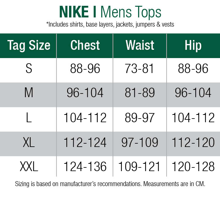 nike training pants size chart