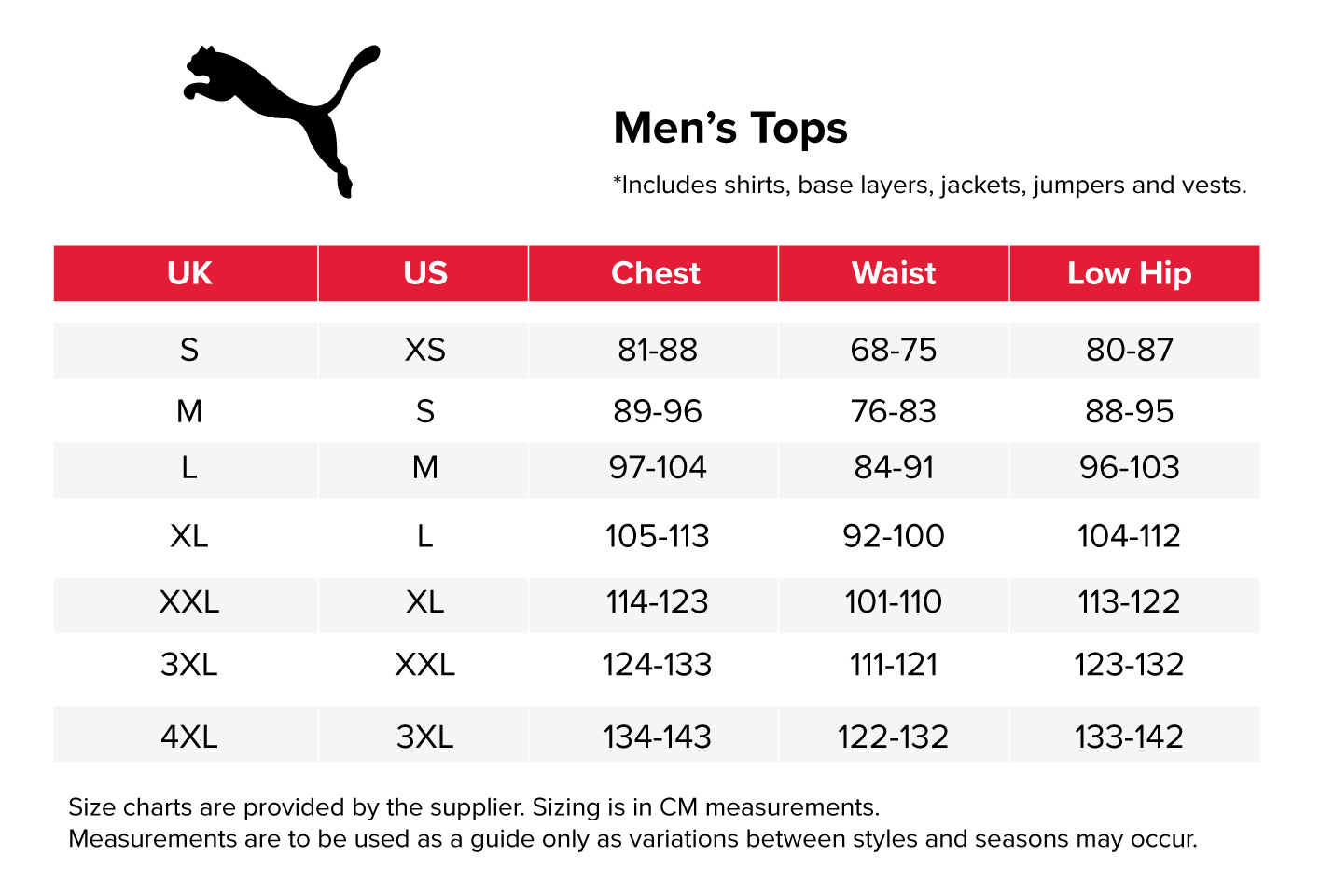 Puma Medium Size Chart