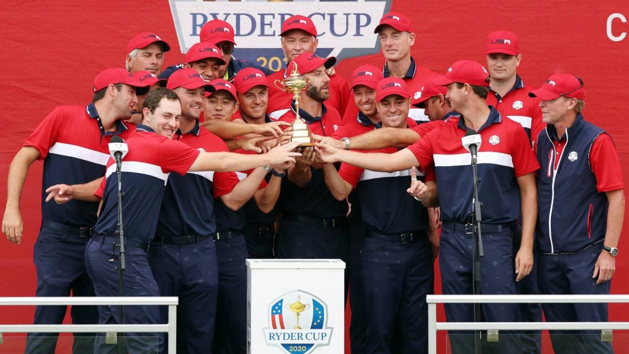 The US team celebrate winning the Ryder Cup at Whistling Straits in 2021 