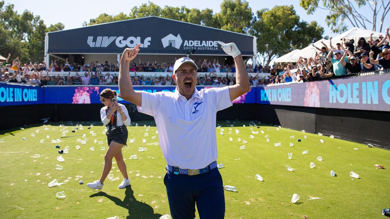 Chase Koepka celebrates a hole in one at LIV Adelaide