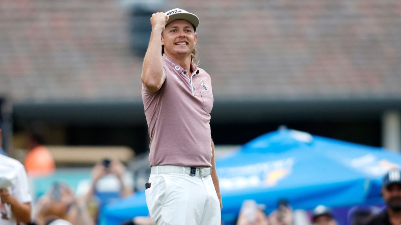 Cam Smith celebrates after winning his third PGA Championship 