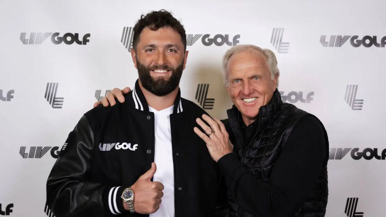 Jon Rahm with LIV commissioner Greg Norman after the Spanish golfer announced he would be joining the LIV golf tour 